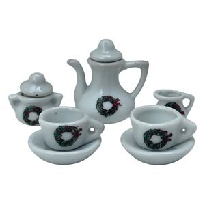 Miniature Tea Set Porcelain Christmas Wreath Dollhouse Scale 7-Piece Set